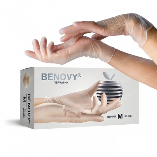 Перчатки виниловые прозрачные Benovy, размер M , 100 шт. (50 пар)